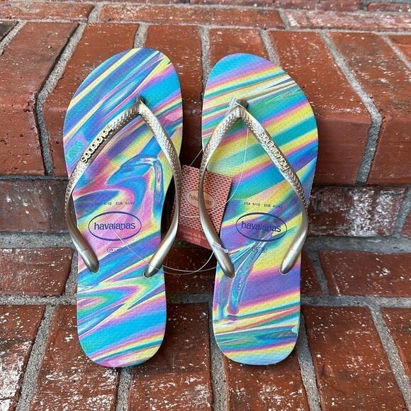 Havaianas Slim Iridescent Flip Flop Sandals Lime Green Shoes Women's Size 9/10 - Picture 5 of 7